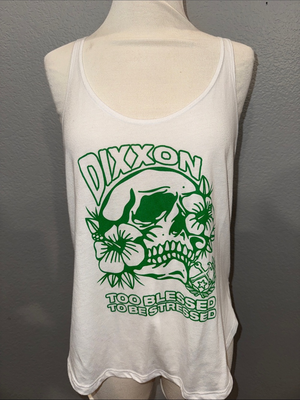 DIXXON White Tank Top with Green Skull & Floral Graphic